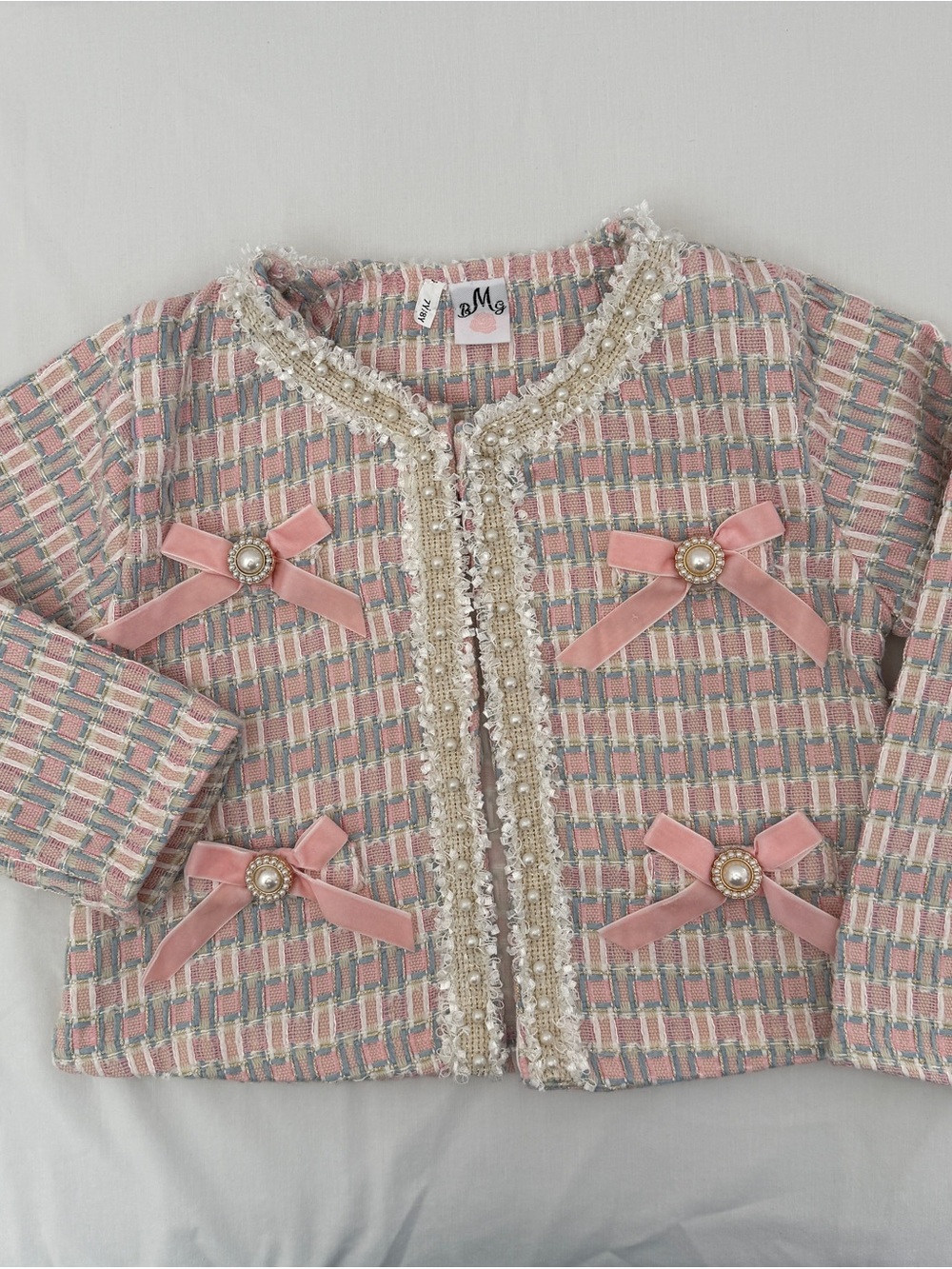 Girls' Pink Tweed Bow-Trim Jacket by BMG - Picture 10 of 10